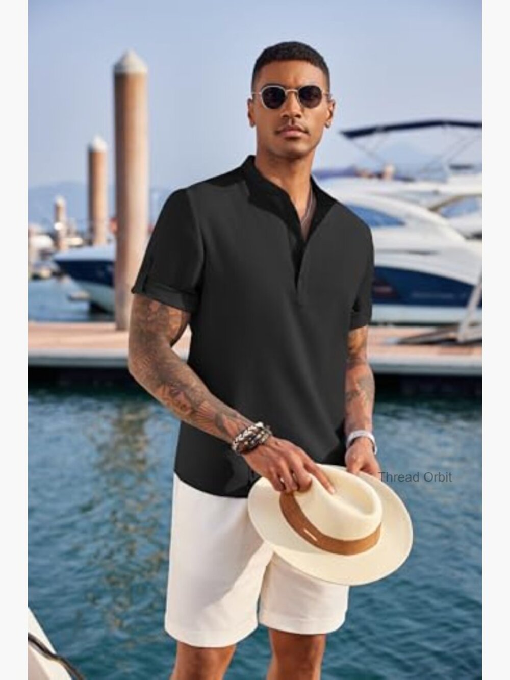 Casual Henley Shirt Short Sleeve Band Collar Linen Summer Beach Tee - Picture 4 of 7
